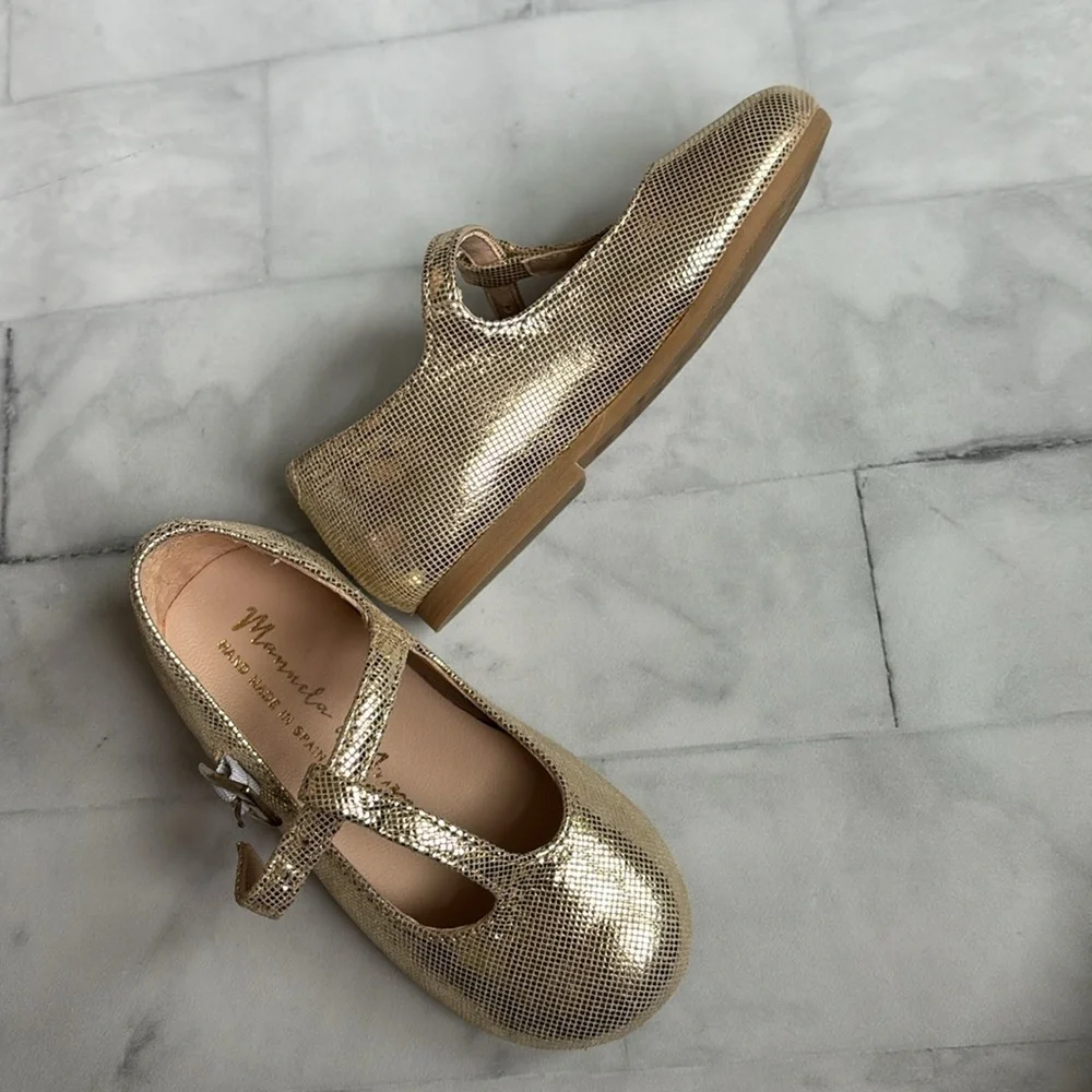 Manuela de Juan Little Girl’s Gold T-Strap Mary Janes